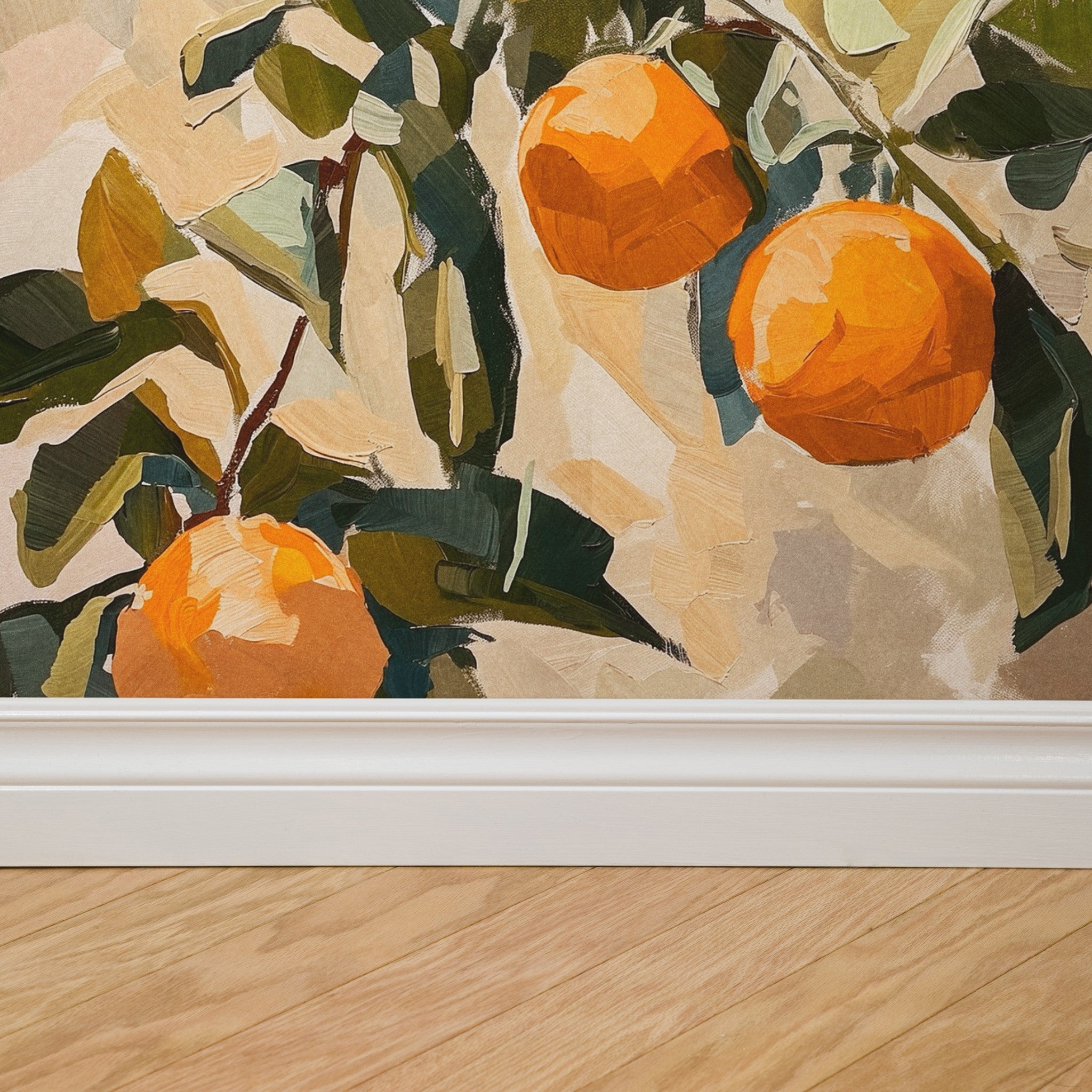 "Clementine Wallpaper by Wall Blush accenting lower wall in a cozy living space, highlighting vibrant citrus design."