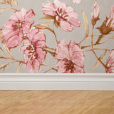 "Wall Blush Rebecca Wallpaper featuring floral pattern in a stylish living room, highlighting elegant wall design."