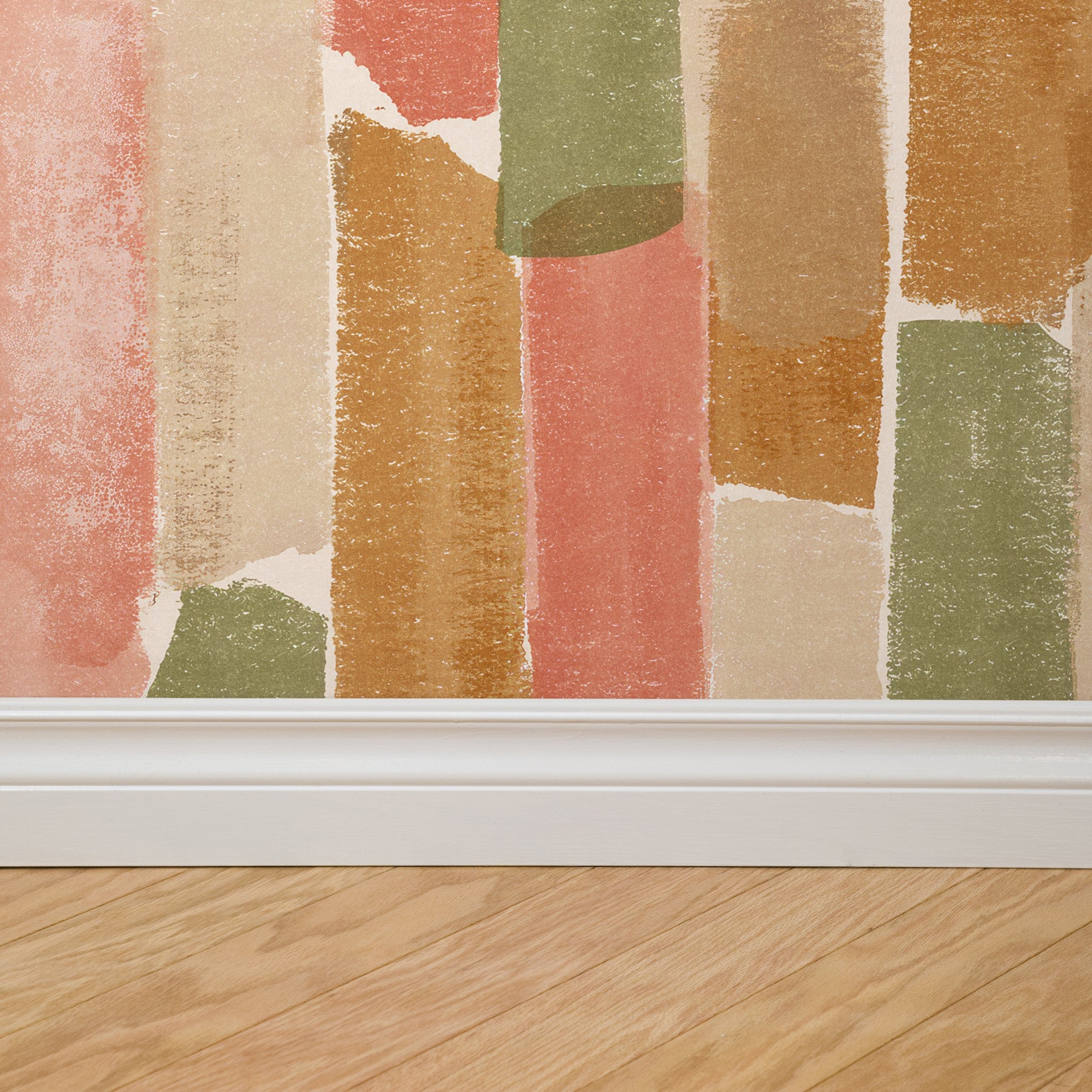 "Hewitt Wallpaper by Wall Blush in a modern room, colorful vertical stripe patterns on focus wall."