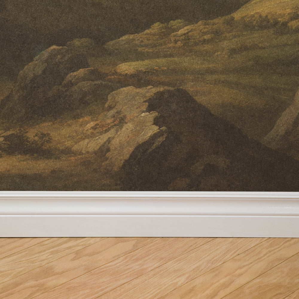 Close-up of wallpaper pattern and styled décor