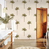 Wall Blush AW01 'Bay of Palms' wallpaper in a stylish bathroom setting, emphasizing modern home decor.

