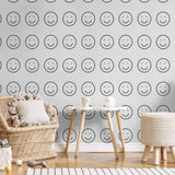 Wall Blush SG02 Be Happy Wallpaper in a cozy children's room with playful decor and plush toys.
