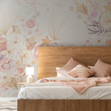 "Beachy Keen Wallpaper by Wall Blush enhancing a cozy bedroom, showcasing the floral design focus."