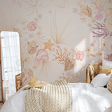 "Wall Blush's Beachy Keen Wallpaper giving a serene, coastal vibe to a bedroom decor."