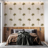 Bay of Palms wallpaper by Wall Blush AW01 in a modern bedroom, accentuating the space with tropical vibes.

