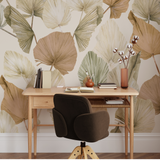 "Wall Blush's Big Fan Wallpaper showcased in a stylish home office setting, highlighting the elegant botanical design."
