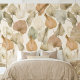 "Wall Blush Big Fan Wallpaper featured in cozy bedroom setting with neutral bedding highlighting elegant wall decor."