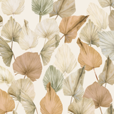 "Wall Blush's Big Fan Wallpaper featuring elegant botanical design in a stylish living room setting, focus on wallpaper texture."