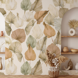 "Wall Blush Big Fan Wallpaper in a stylish living room, highlighting the bold leaf design as the focal feature."