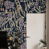 Bindi Wallpaper by Wall Blush SG02 in a stylish living room featuring bohemian design accents and focus on wall decor.
