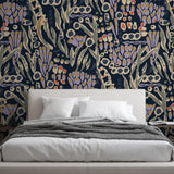 Wall Blush SG02 Bindi Wallpaper accentuating a modern bedroom decor, floral pattern focus.
