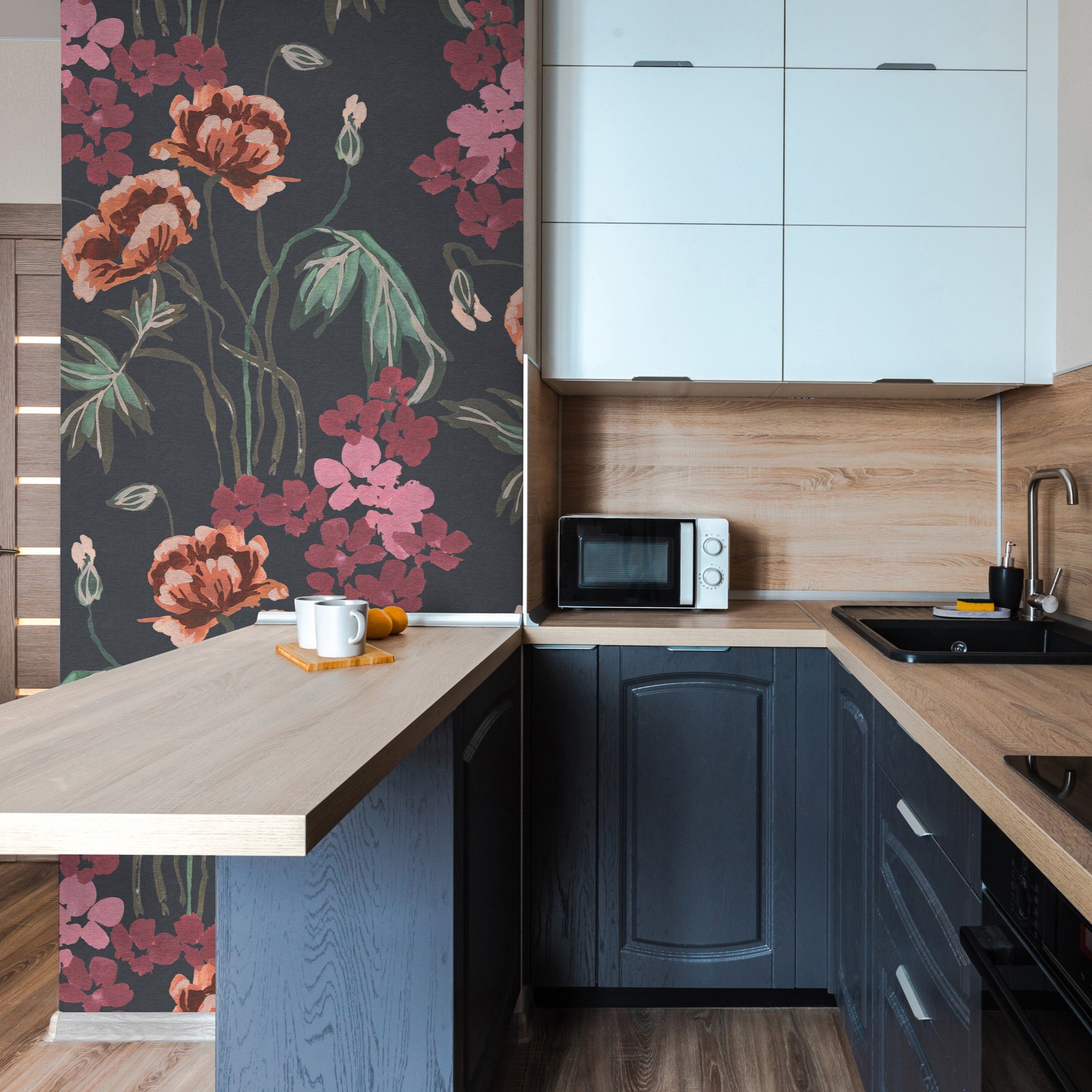 "Bloom Wild Wallpaper by Wall Blush in modern kitchen, floral pattern focus with stylish cupboards."