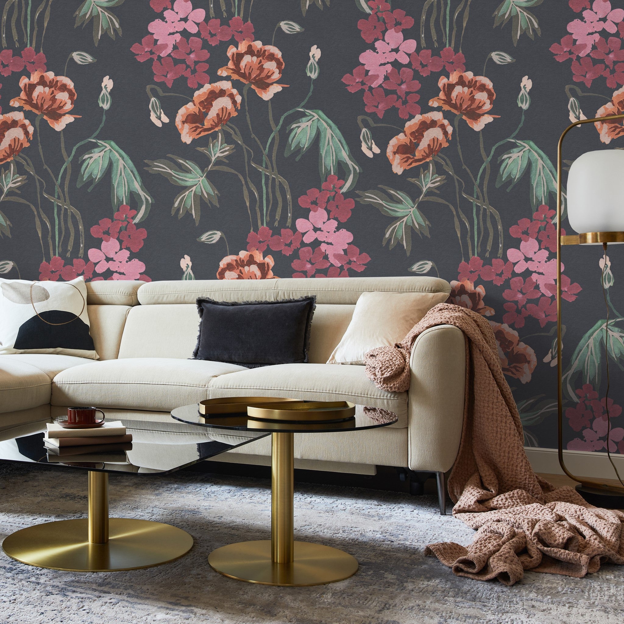 "Bloom Wild Wallpaper by Wall Blush enhancing a cozy living room, with focus on elegant floral patterns."