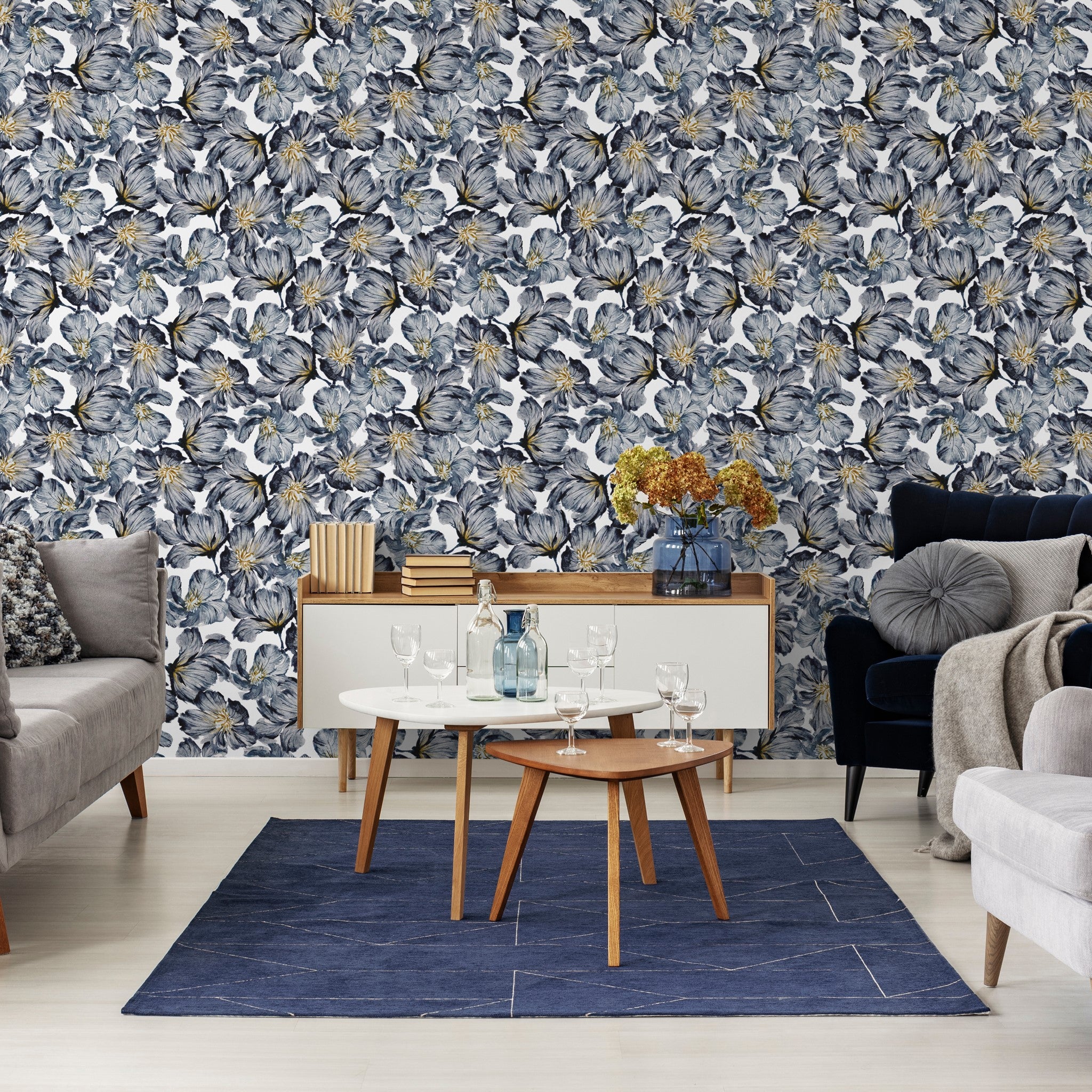 "Brie Wallpaper by Wall Blush enhancing a modern dining room's ambiance with its floral design."