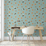 Bumble (Blue) Wallpaper by Wall Blush in a modern home office setup enhancing the room's aesthetic.
