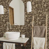 "Burnett Wallpaper by Wall Blush in elegant bathroom setting with floral design accentuating serene decor."