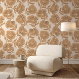 "Wall Blush's Buttercup Wallpaper in a modern living room, highlighting elegant floral design and warm tones."
