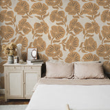 "Wall Blush's Buttercup Wallpaper in a cozy bedroom, highlighting the bold floral design as the room's centerpiece."