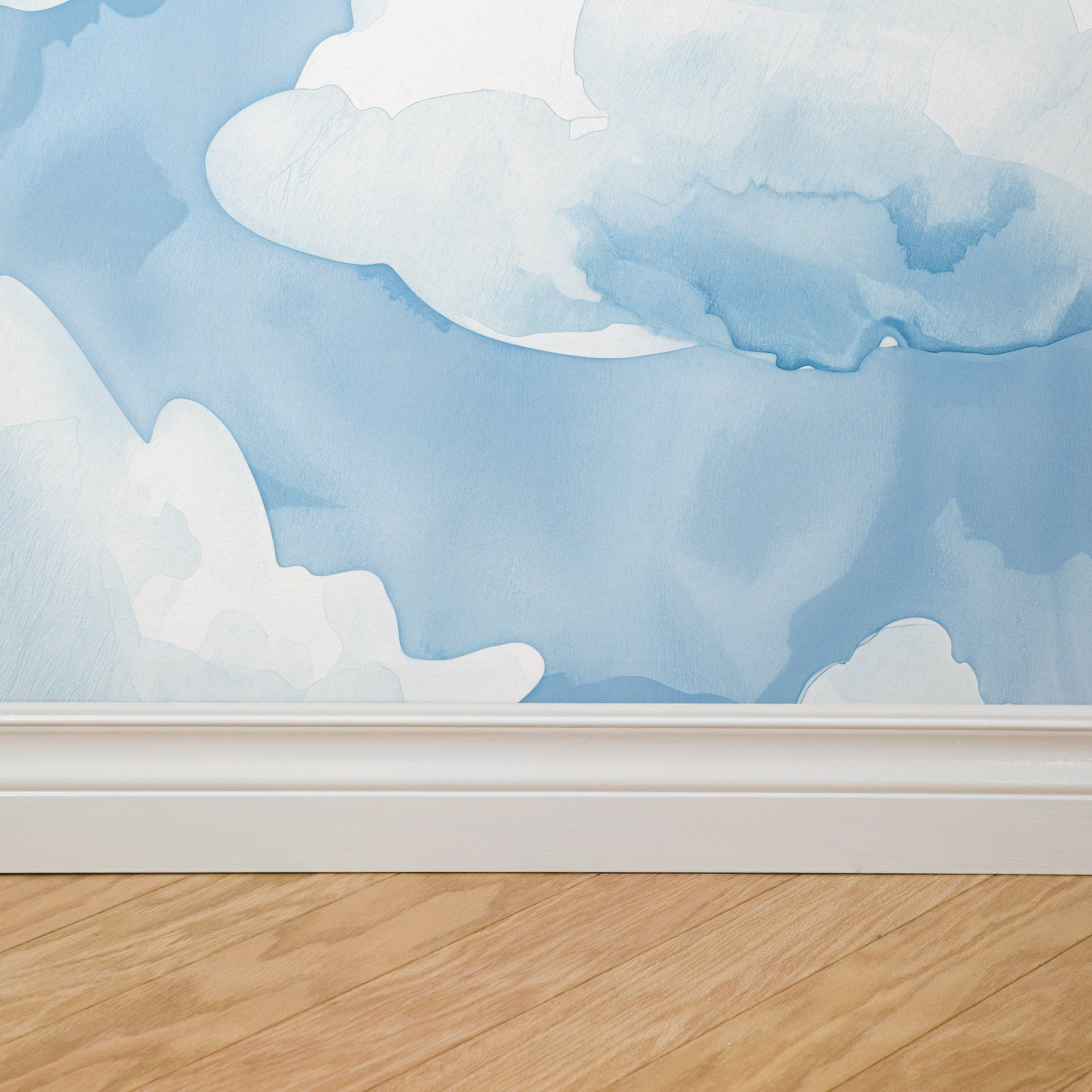 "Wall Blush Azure Dreamland Wallpaper in contemporary room, elegant blue cloud design focus."