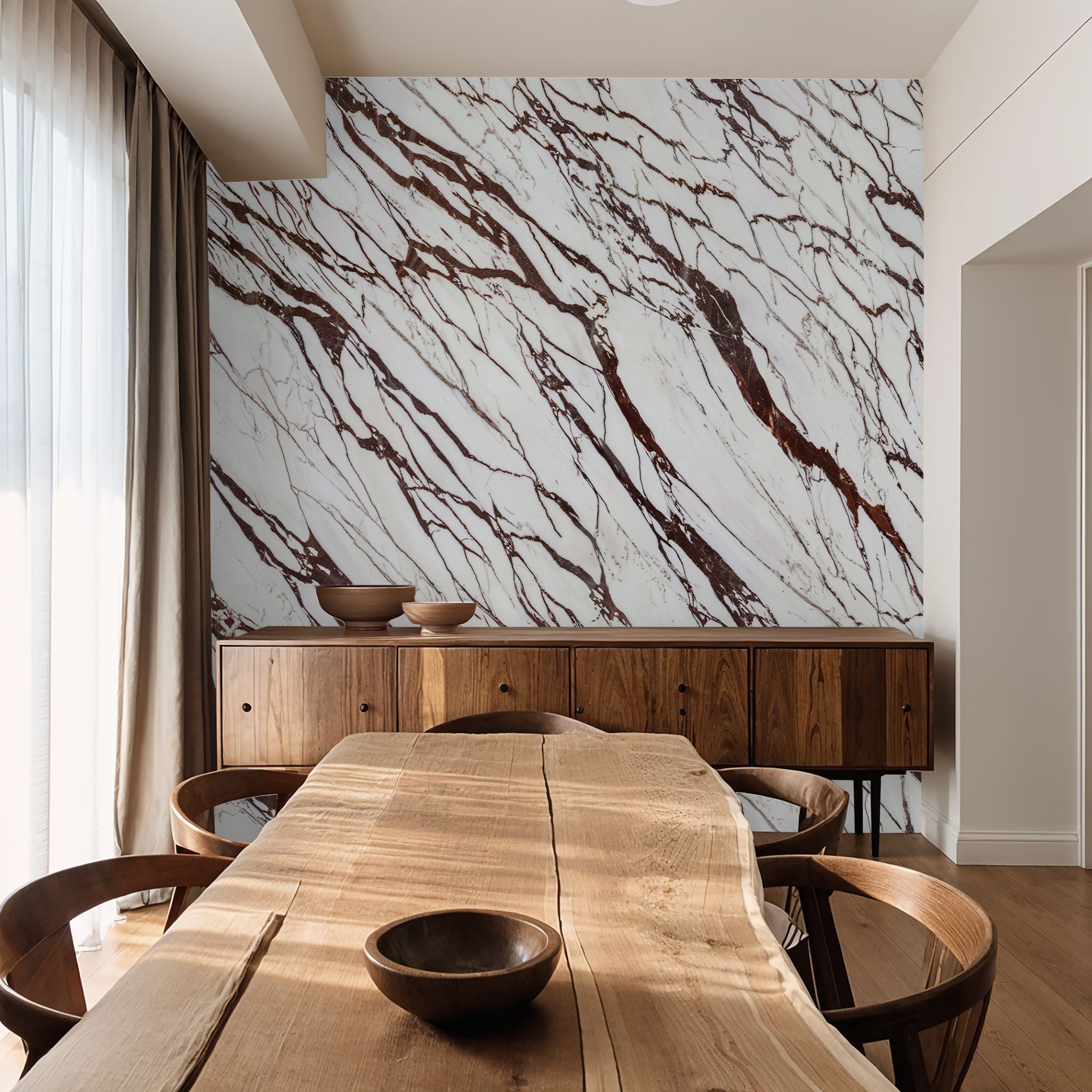 "Elegant dining room featuring Wall Blush Calacatta Wallpaper creating a luxurious focal wall."