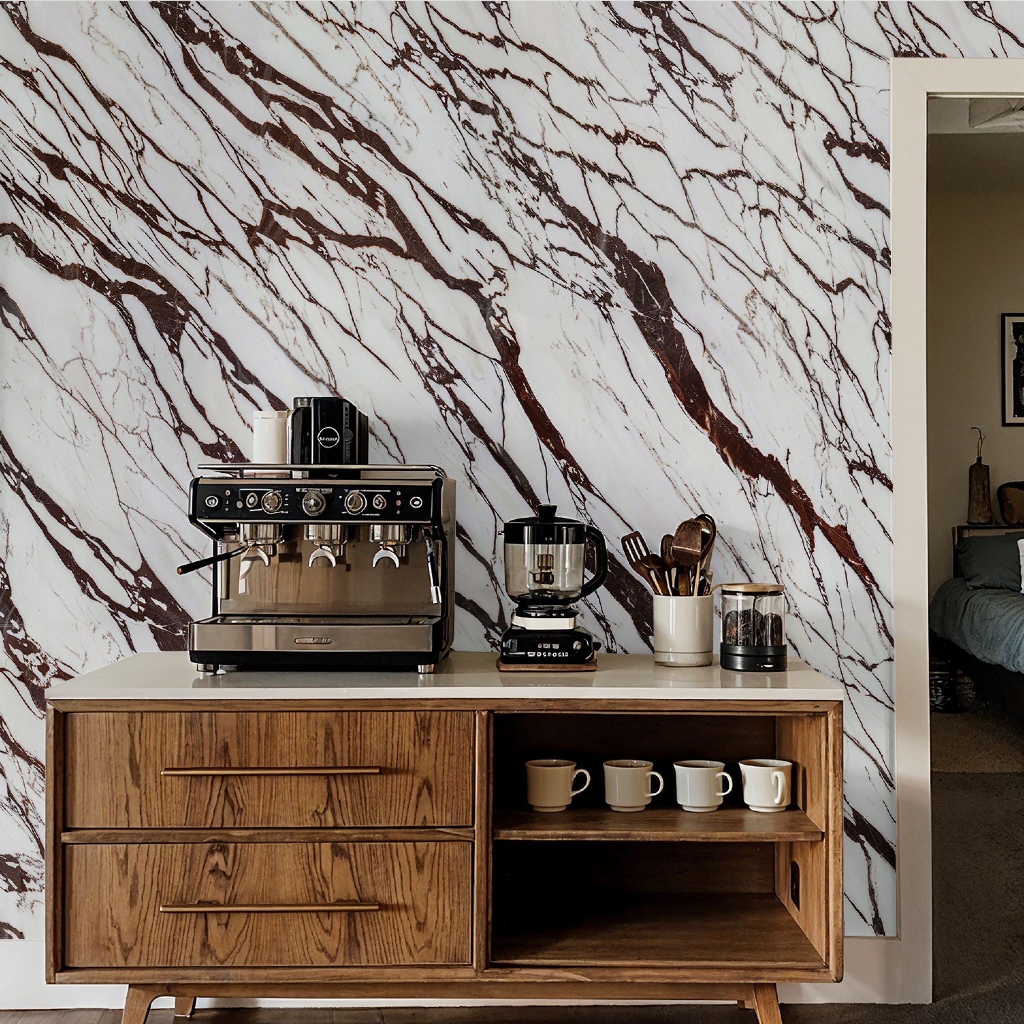 "Calacatta wallpaper by Wall Blush in stylish kitchen, with focus on elegant marble pattern design."