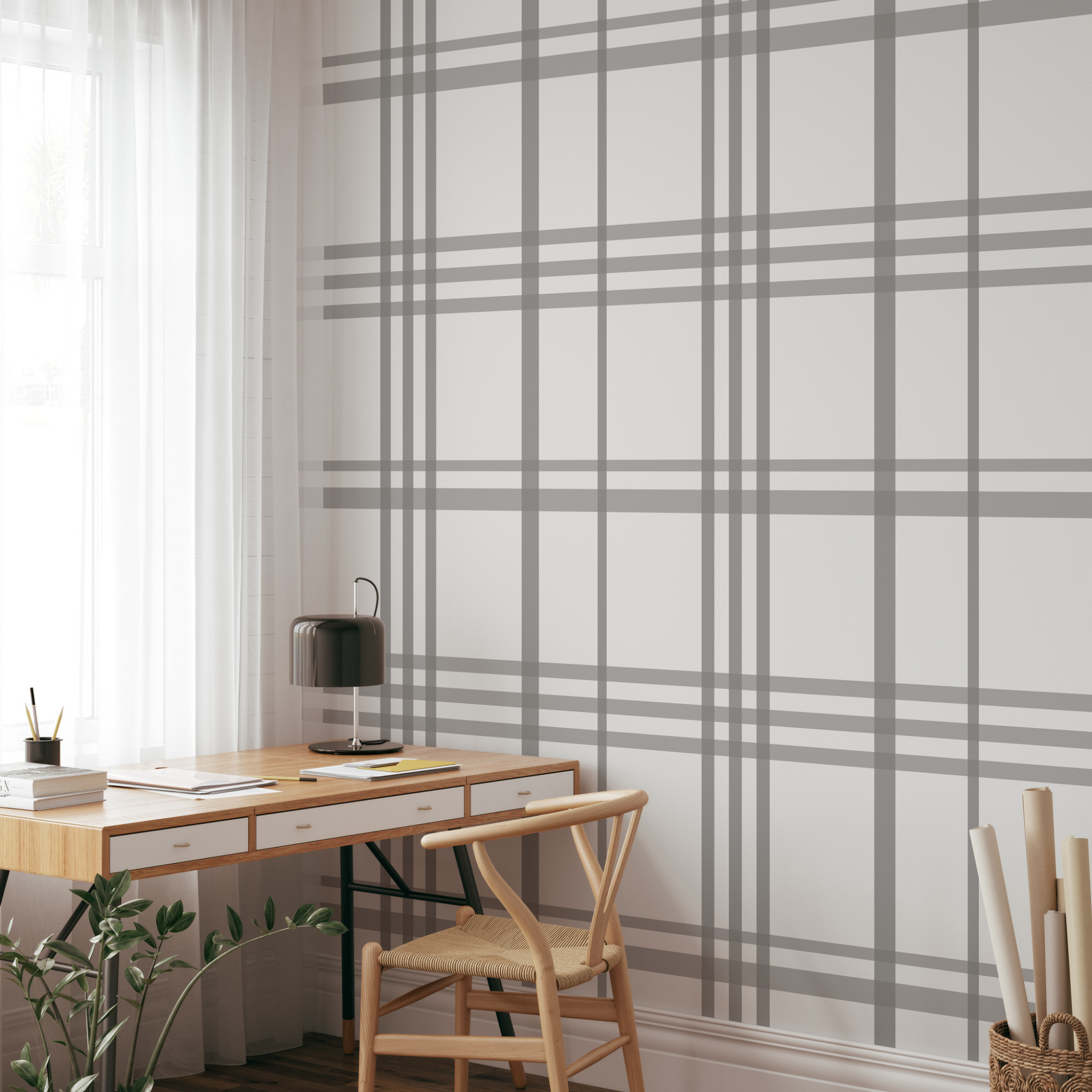 "Carolina Wallpaper by Wall Blush in a modern home office, showcasing elegant plaid design focus."