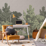 Wall Blush SG02 Central Park Wallpaper in a cozy children's playroom, highlighting detailed tree designs.
