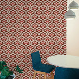 "Cordelia Wallpaper by Wall Blush in modern dining room with prominent red pattern focus"