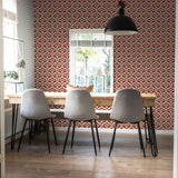 Cordelia Wallpaper by Wall Blush in modern dining room with red pattern focus.