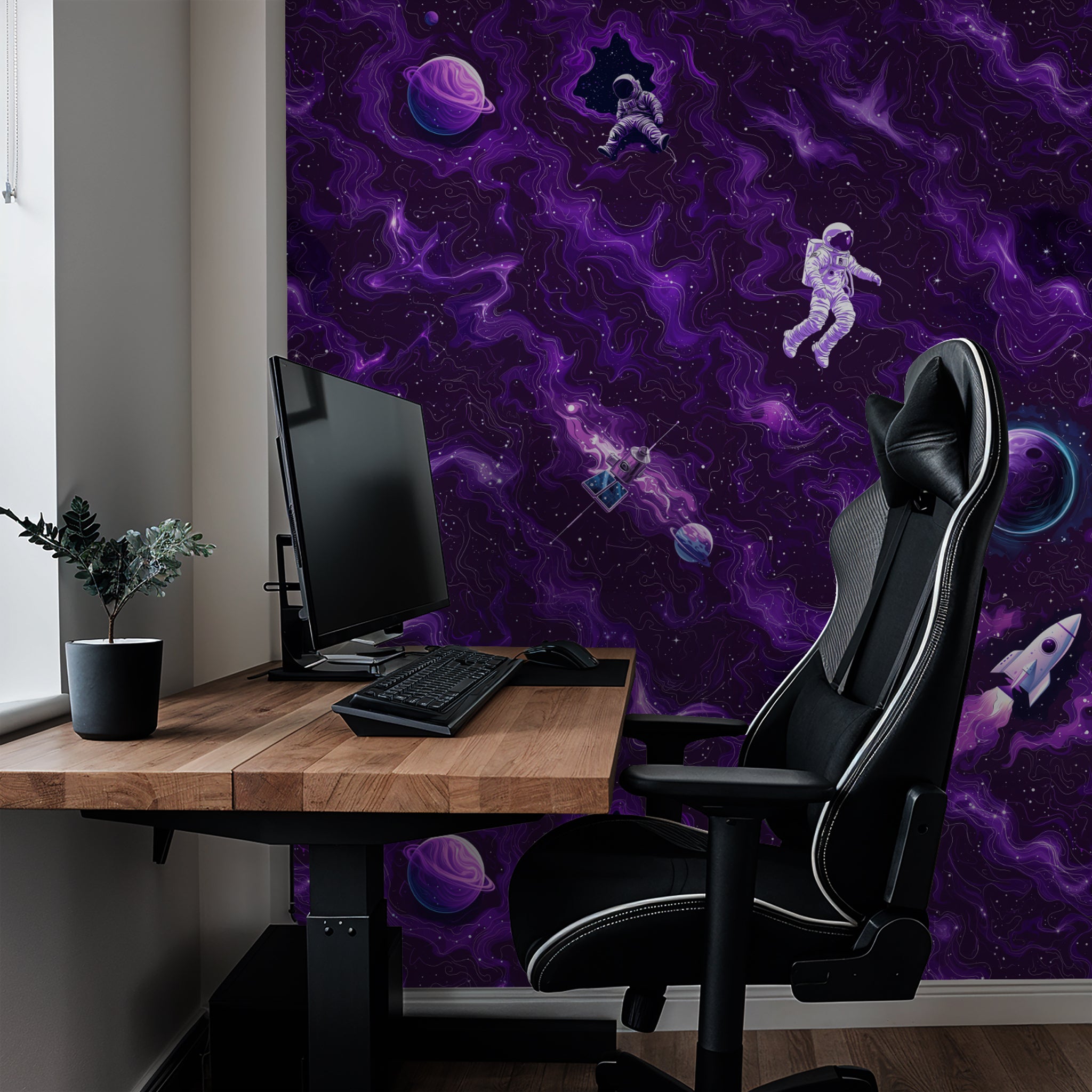 "Wall Blush Cosmic Voyage Wallpaper in a modern home office setup focusing on the vibrant space-themed design."