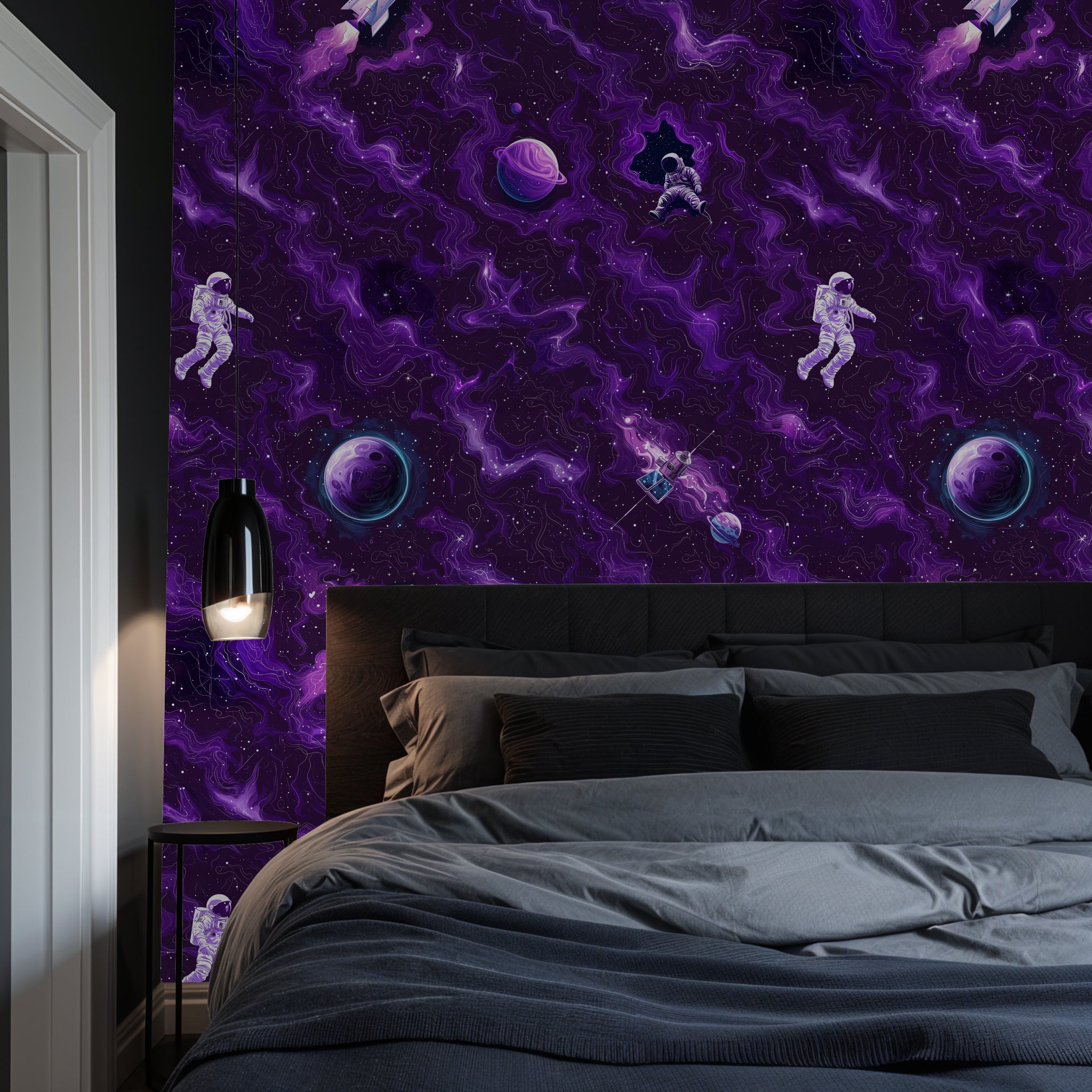 "Wall Blush's Cosmic Voyage Wallpaper in a modern bedroom, highlighting the vibrant space-themed design."