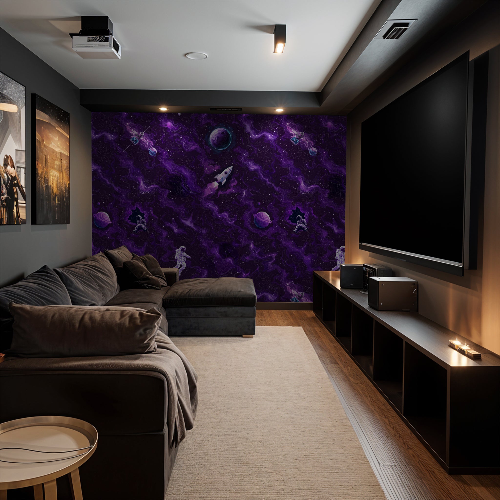 "Cosmic Voyage Wallpaper by Wall Blush in a modern living room, highlighting space-themed wall decor."