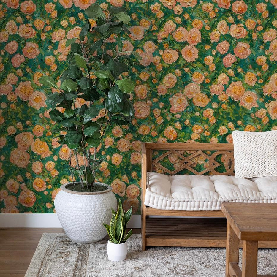 "Wall Blush's Spring Serenade Wallpaper in cozy living room, highlighting vibrant floral design as main focus."