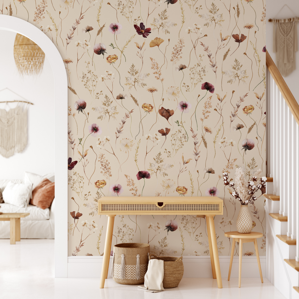 Dahlia (Tan) - Boho Floral Wallpaper