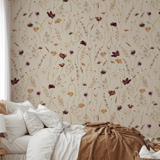 Wall Blush's Dahlia (Tan) Wallpaper in a cozy bedroom setting, highlighting elegant floral patterns.