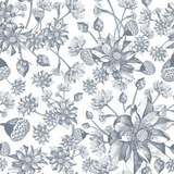 "Wall Blush Denim Fields Wallpaper in a stylized floral pattern, ideal for a contemporary living room focal wall."