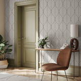 "Wall Blush's 'Don't Judge Me Wallpaper' in a stylish home office, geometric pattern focus."