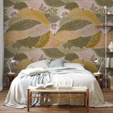 "Dorsia Wallpaper by Wall Blush accentuating a bedroom with its bold, botanical design, focusing on the wall's texture and pattern."