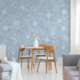 The Dutchess (Baby Blue) Wallpaper by The Ania Zwara Line in a stylish dining room, emphasizing elegant wall decor.

