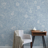 The Dutchess (Baby Blue) Wallpaper from The Ania Zwara Line featured in a modern living room setting.
