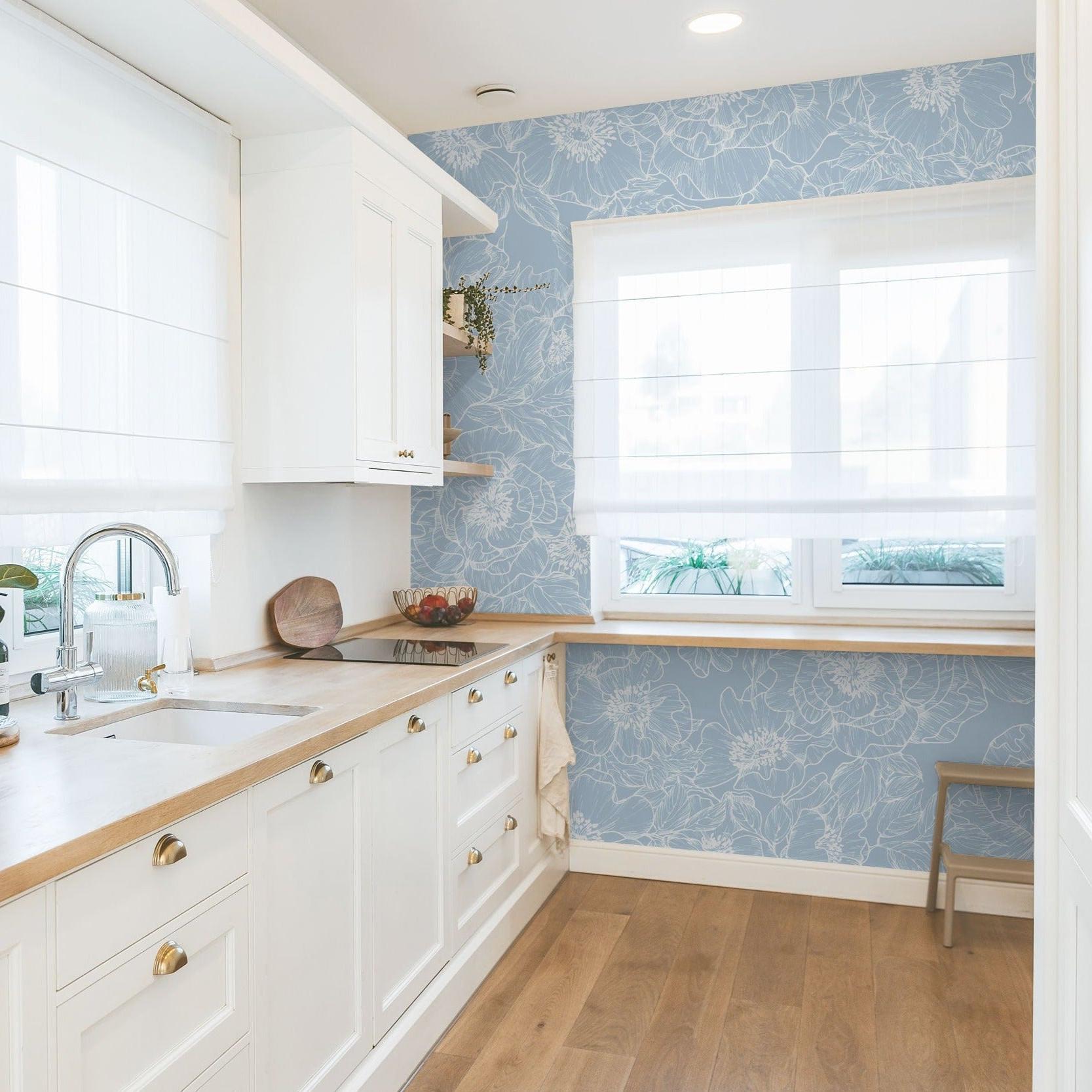 The Dutchess Baby Blue wallpaper from The Ania Zwara Line enhancing a modern kitchen's interior.
