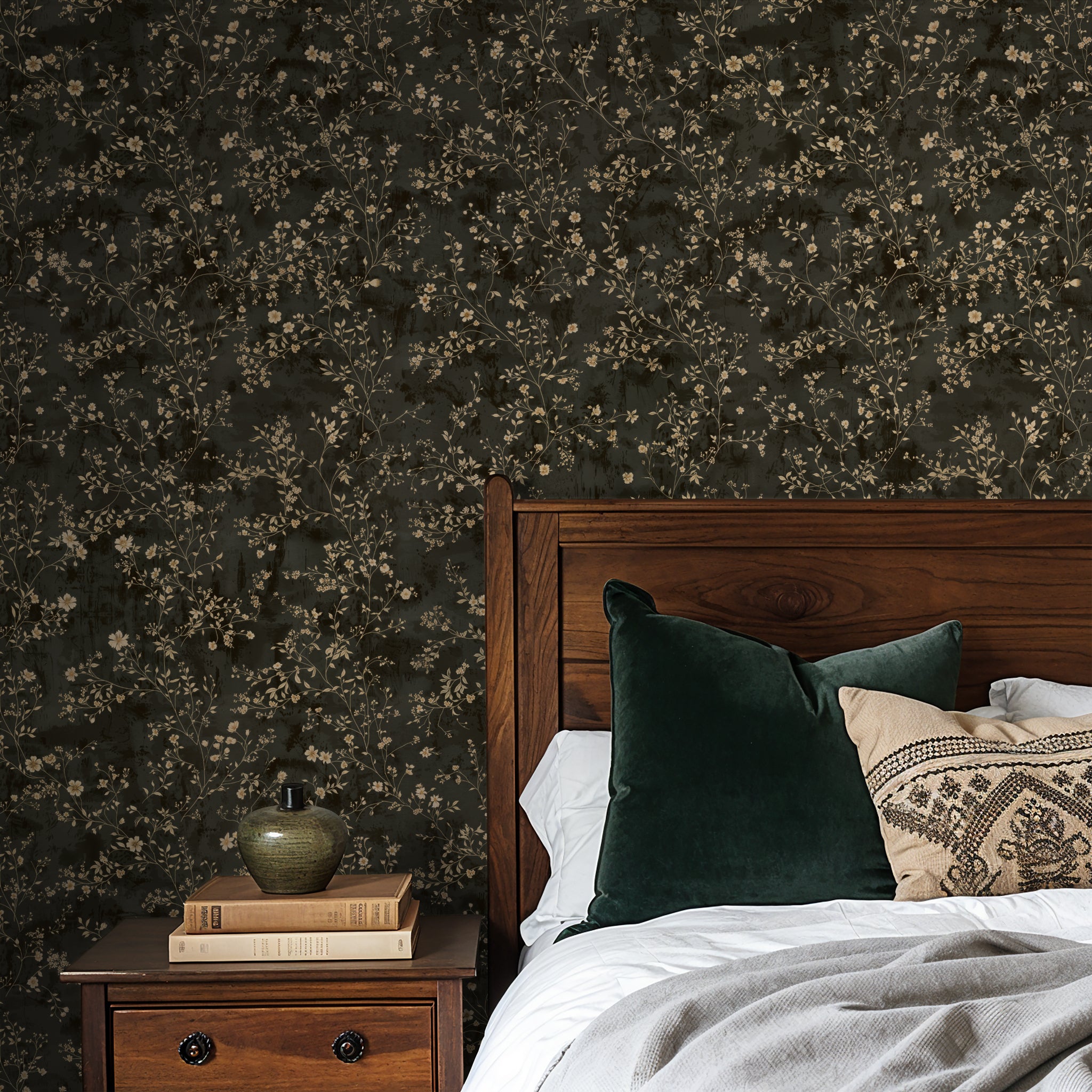 "Wall Blush's Enchanted Flora Wallpaper in a cozy bedroom setting, highlighting elegant design and texture."