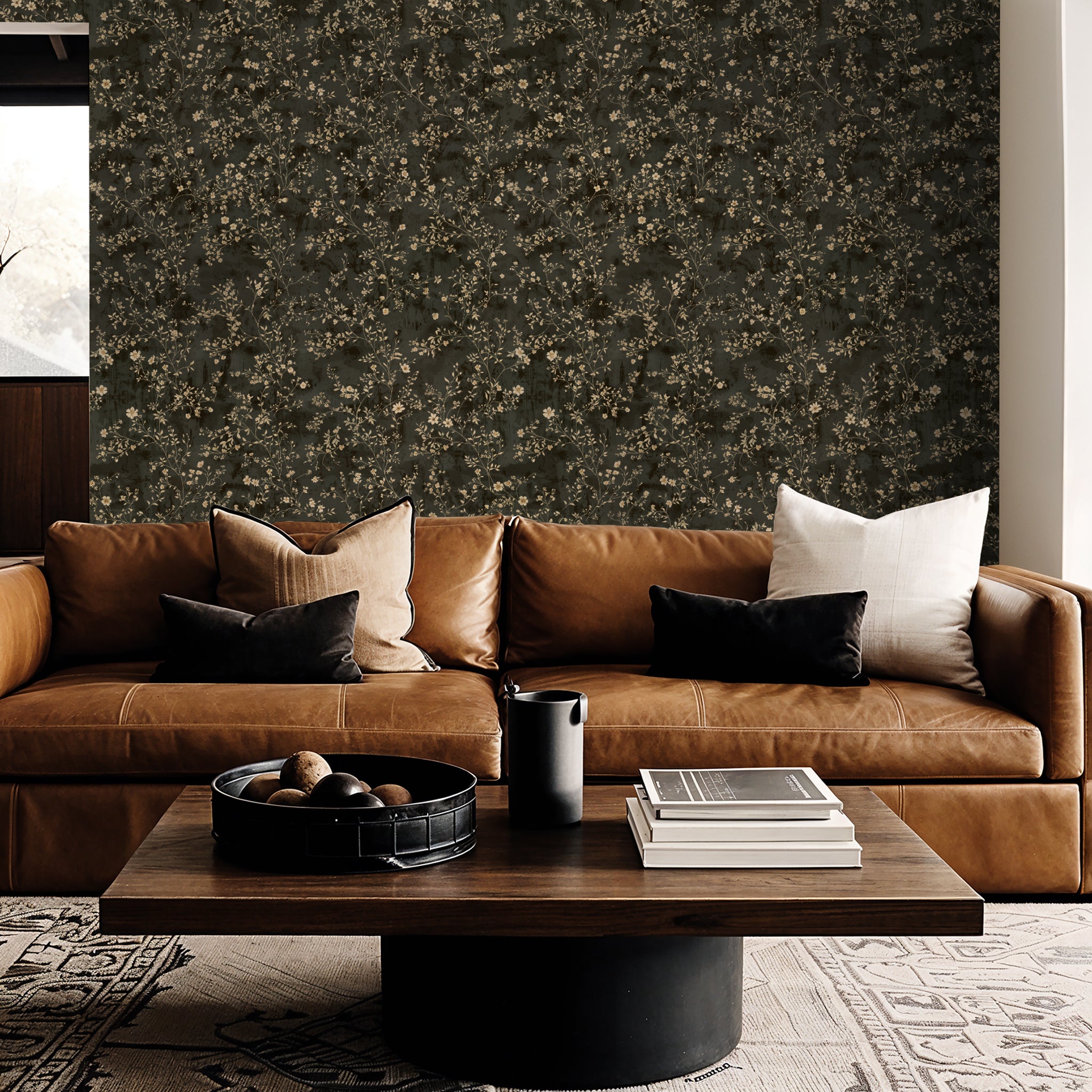 "Wall Blush's Enchanted Flora Wallpaper featured in modern living room with leather sofa and wooden accents."