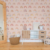 Wall Blush's Eden's Rainbows Wallpaper in a stylish nursery with modern furnishings, enhancing room decor.
