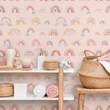 Alt text: Eden's Rainbows Wallpaper by Wall Blush in a styled bathroom, showcasing the vibrant wall decor.
