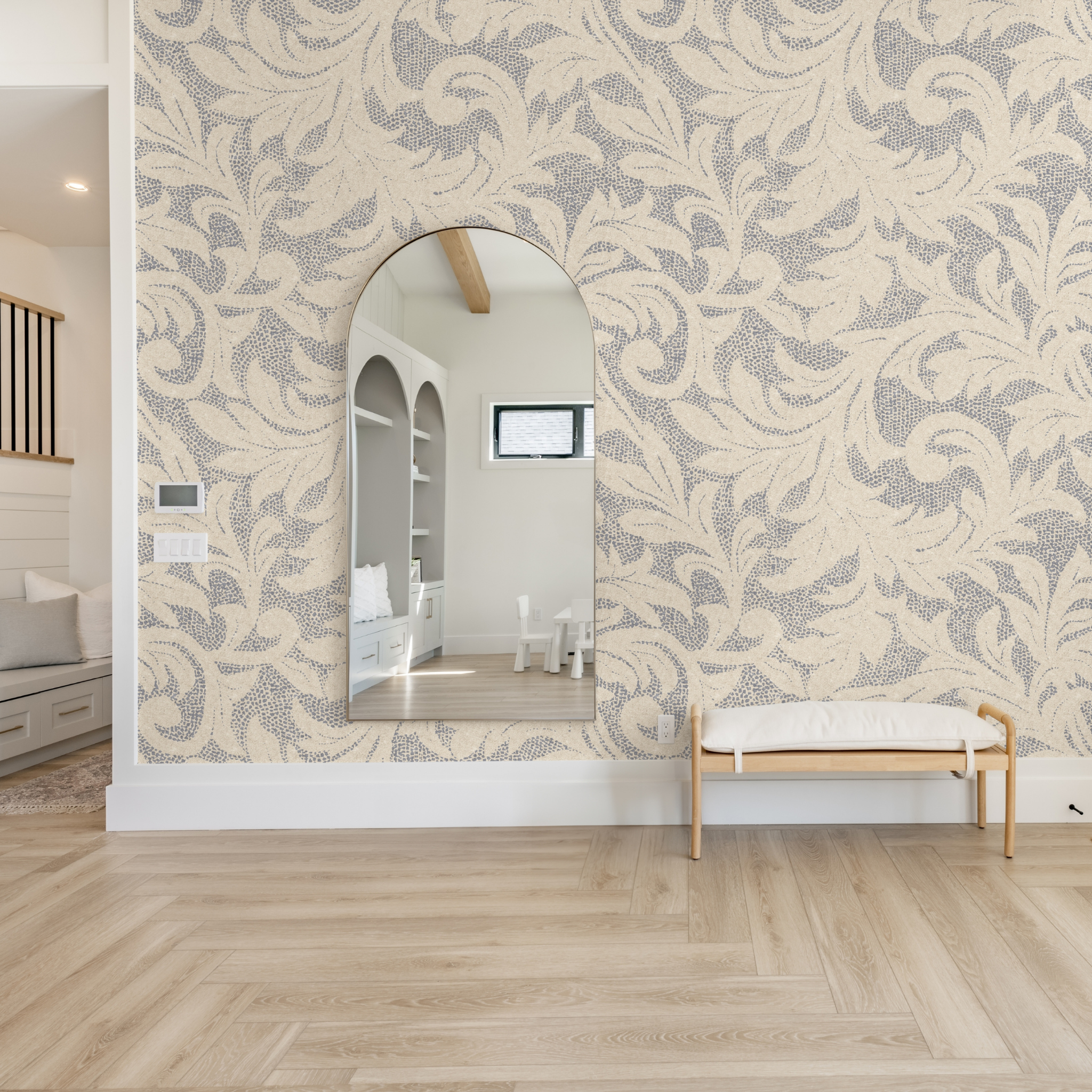 "Esme Wallpaper by Wall Blush in a stylish bedroom showcasing elegant patterns as the main feature."