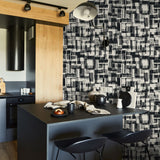 "Ezra Wallpaper by Wall Blush in a stylish modern kitchen with focus on the bold patterned design."