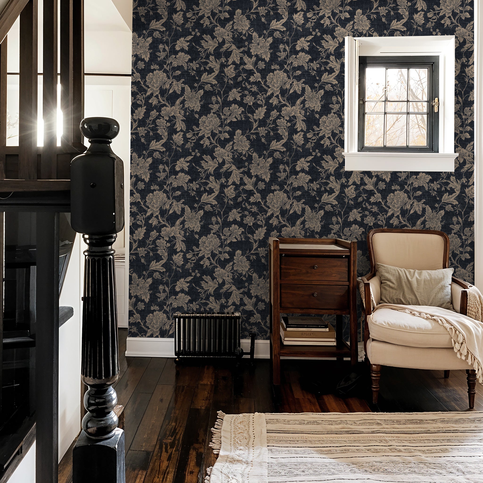 Denim Blooms Wallpaper - 8 FT H X 8 FT W Traditional