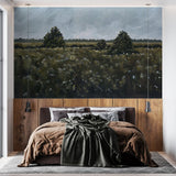 Field of Dreams Wallpaper by The David Brazier Line in a modern bedroom with artistic landscape focus.
