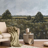 Field of Dreams Wallpaper by The David Brazier Line in stylish living room, showcasing nature-inspired design.
